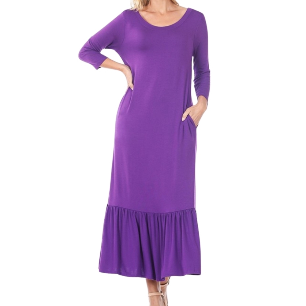 Purple Three Quarter Sleeve Midi Dress